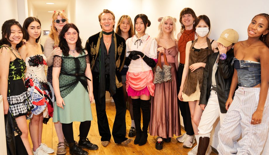 Students from LCF wearing fashion designs  with Scott Wimsett 