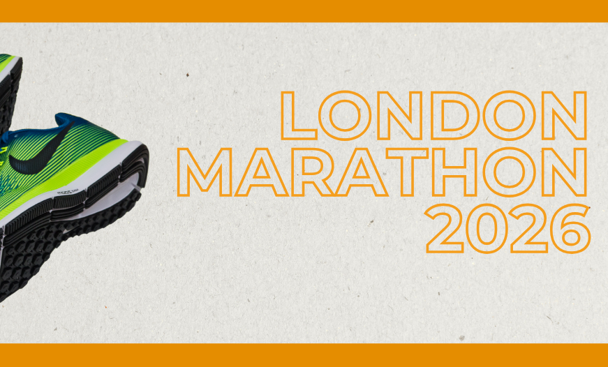Banner with two green and blue running shoes on the left and text on the right that reads ‘London Marathon 2026’.