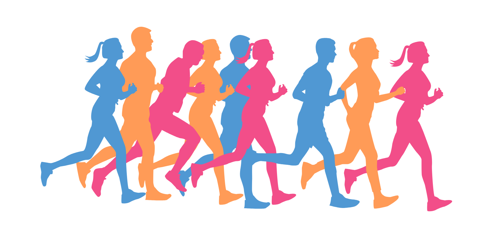 Group of colourful silhouettes of people running together.