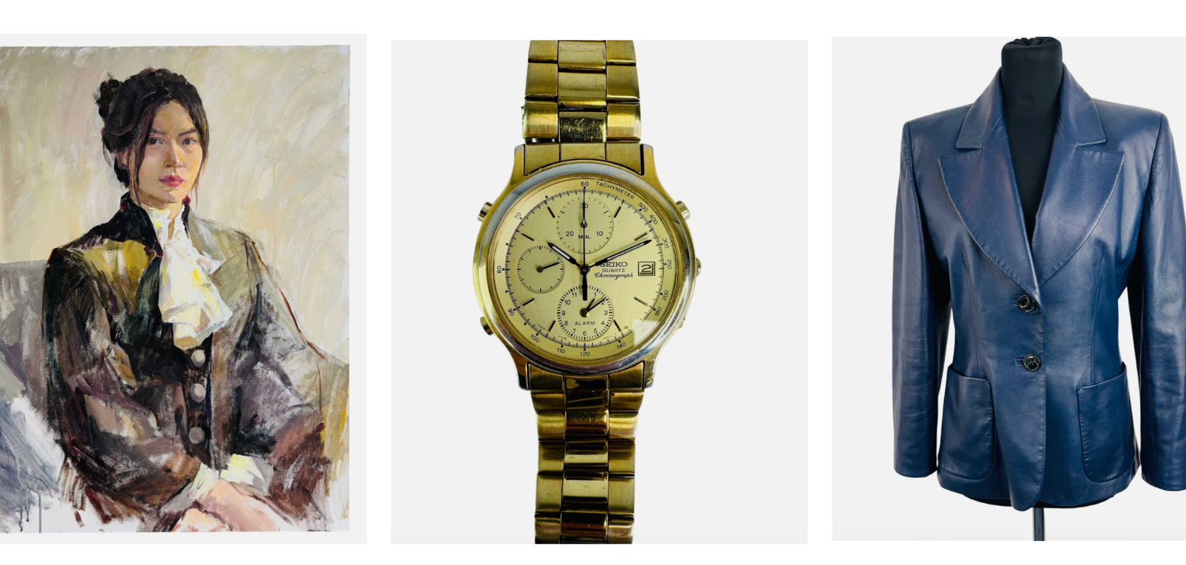 A tryptic of photographs on a white background showing a fine art painting of a woman, a gold watch and a blue leather jacket